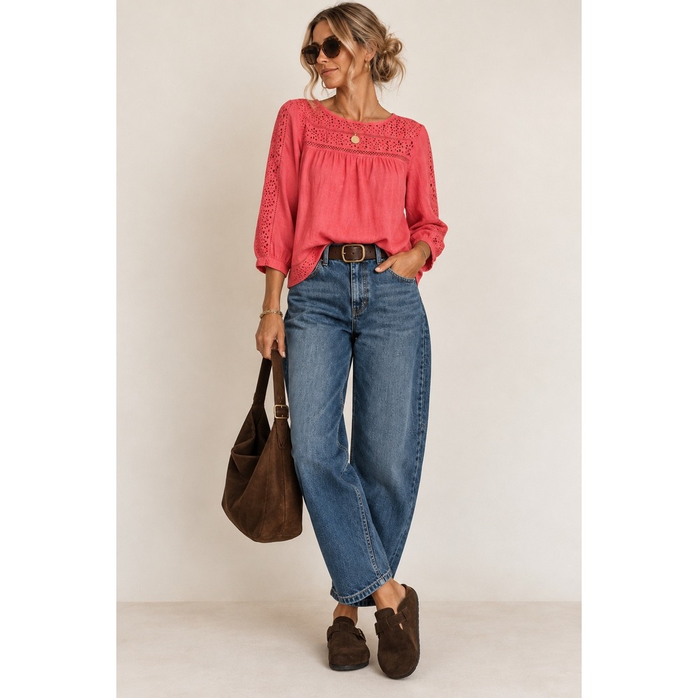 J.Crew 100% Linen Coral Pink Eyelet Lace Blouse Coastal Boho Top